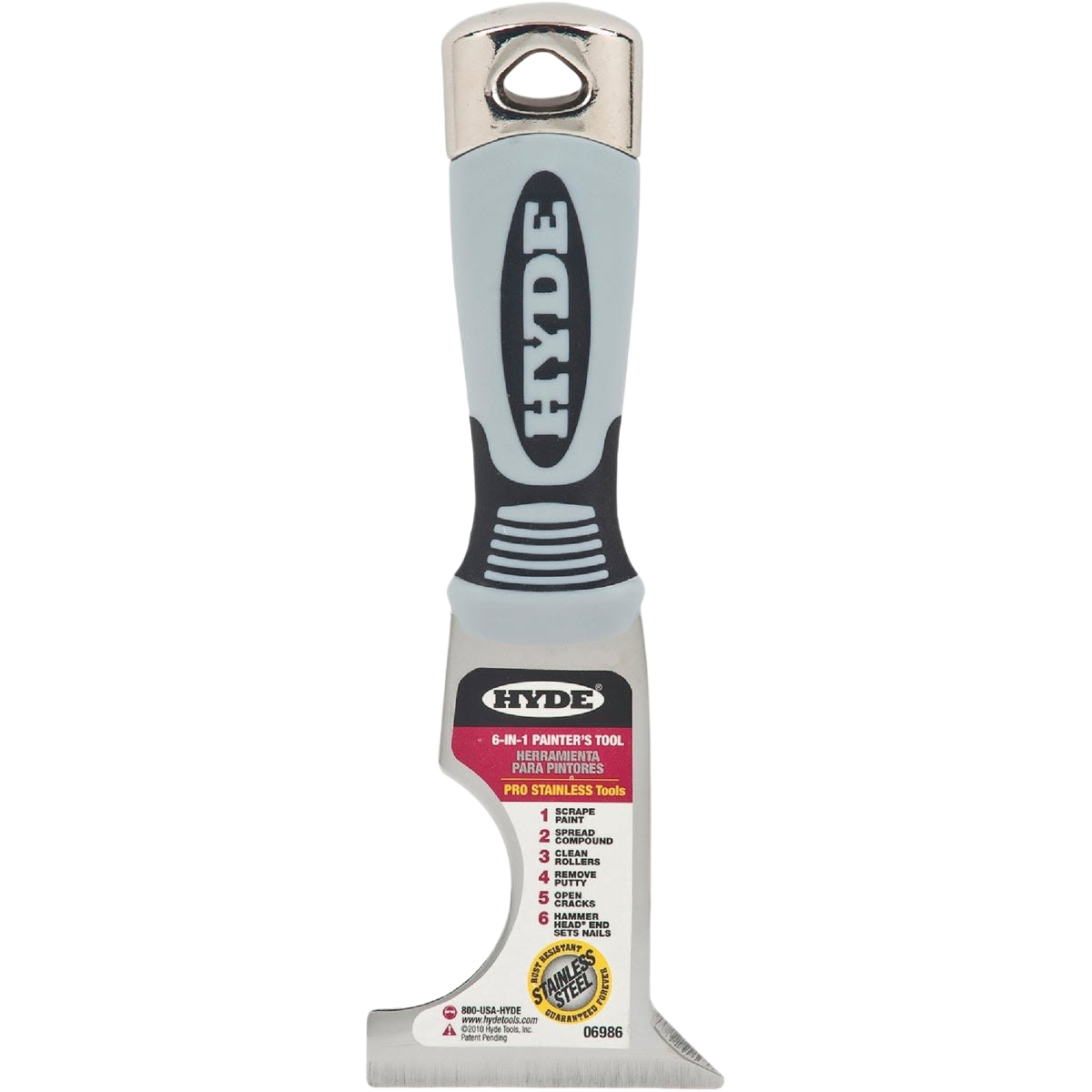 Multi-purpose stainless steel painter’s tool with ergonomic grip for scraping, patching, and home improvement projects.
