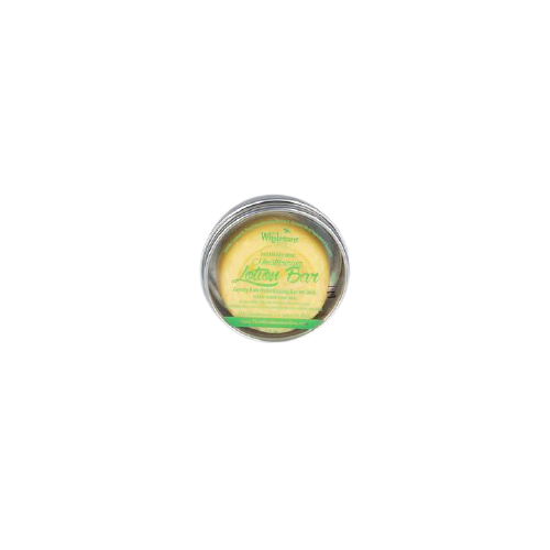 Round clear container of moisturizing lotion bar with natural ingredients for skin care in health and beauty collections