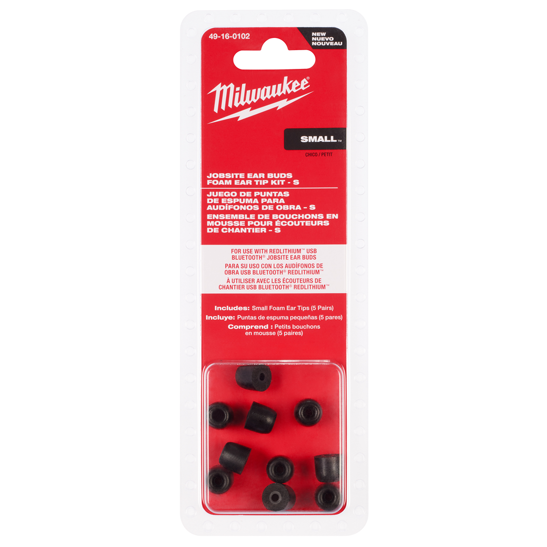Small foam ear tips kit in black packaging designed for jobsite earbuds and tools use