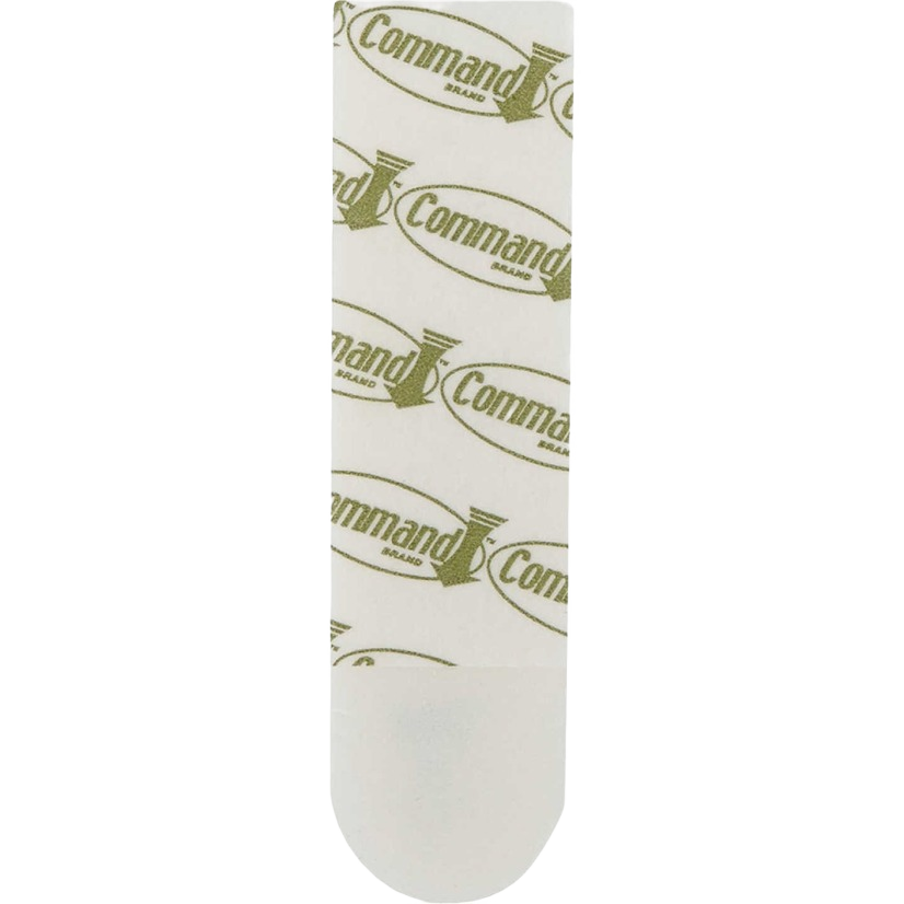Single white adhesive strip with reusable Command brand logo for damage-free wall mounting in home decor collections