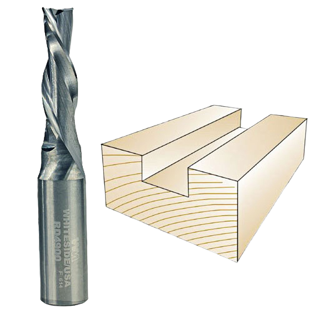 Spiral upcut router bit with steel shank next to wooden sample cutout for tool accessories and home improvement collections