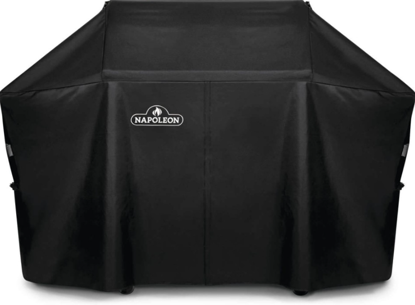 Black water-resistant grill cover featuring the Napoleon logo, designed for outdoor living and grilling accessories.