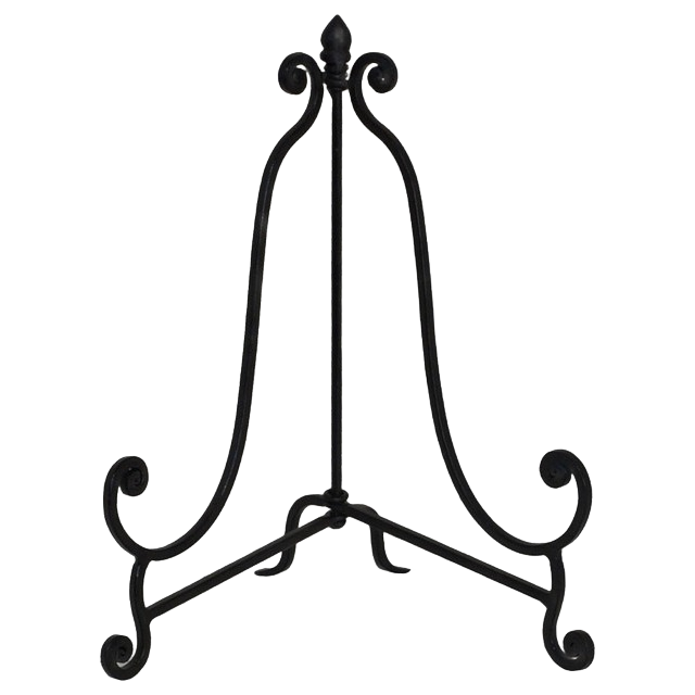 Black metal folding easel with decorative curved design for displaying plates or artwork, suitable for Christmas and under $50 collections
