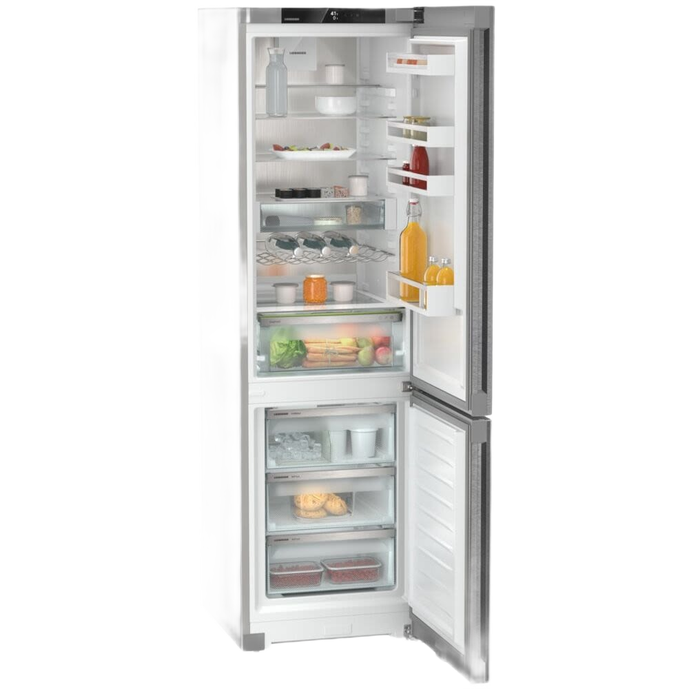 Open stainless steel freestanding bottom freezer refrigerator with clear drawers and beverage storage in Appliances collection