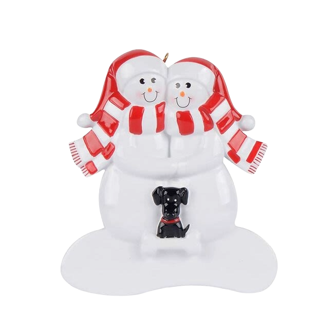 Snow couple in red scarves hugging with small black dog sitting in front, Christmas decoration under $50
