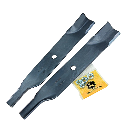 Two black steel side discharge blades and mounting hardware for lawn mower maintenance and repair.