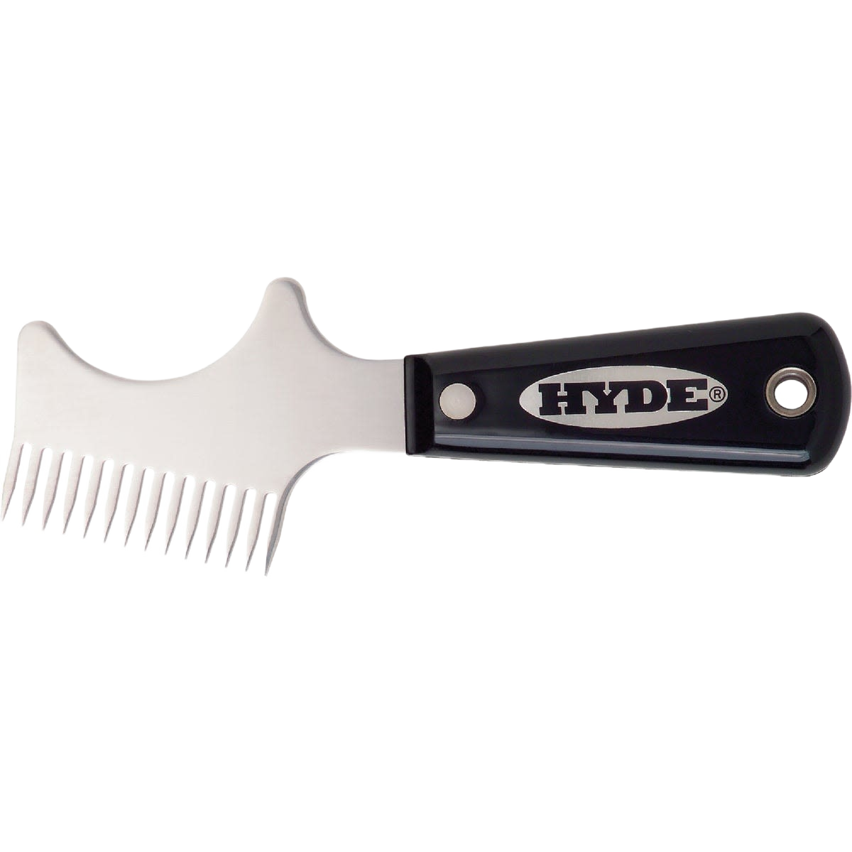 Black handled stainless steel brush and roller cleaner with contoured teeth for paint supplies and home improvement tools collections