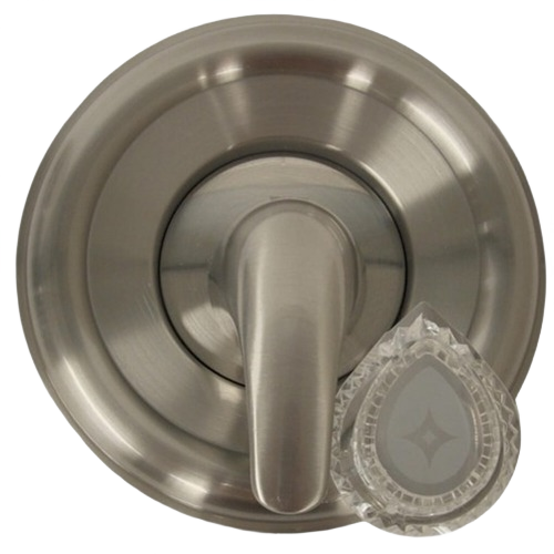 Brushed nickel tub and shower valve trim kit with clear decorative handle for plumbing repair and home improvement projects