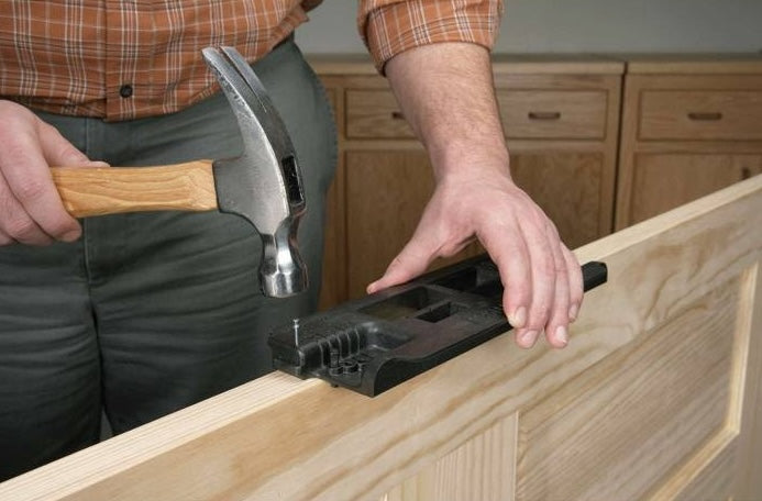 Person using Porter-Cable Strike and Latch Template with hammer on wooden door in woodworking tool accessories collection under $50