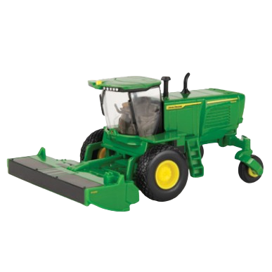 Green and yellow scale model of agricultural windrower with detailed cab and cutting header for collectors or display