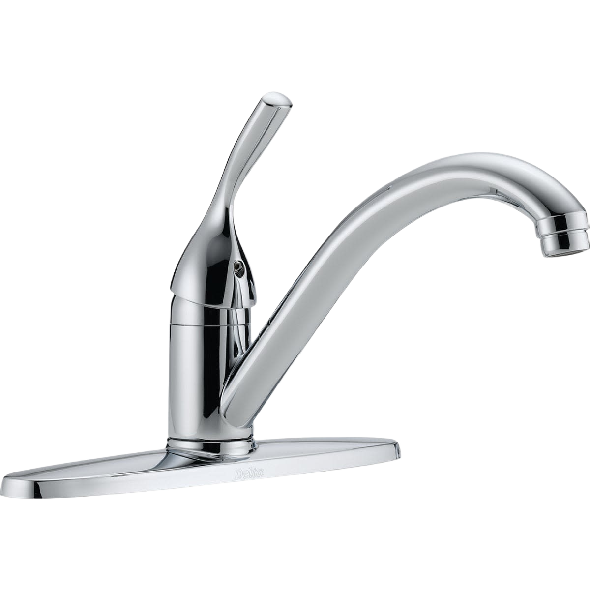 Chrome single-handle kitchen faucet with curved spout on a deck plate for modern kitchen and home improvement use