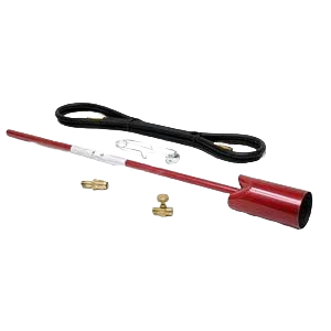 Red vapor torch with brass fittings and black hose, designed for heavy-duty heating tasks in rental equipment at Hartville Hardware.