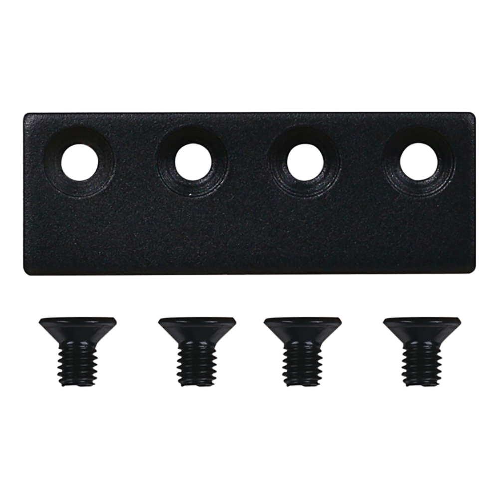 Matte black connection adaptor with four screw holes and matching screws for barn door hardware in door accessories collections