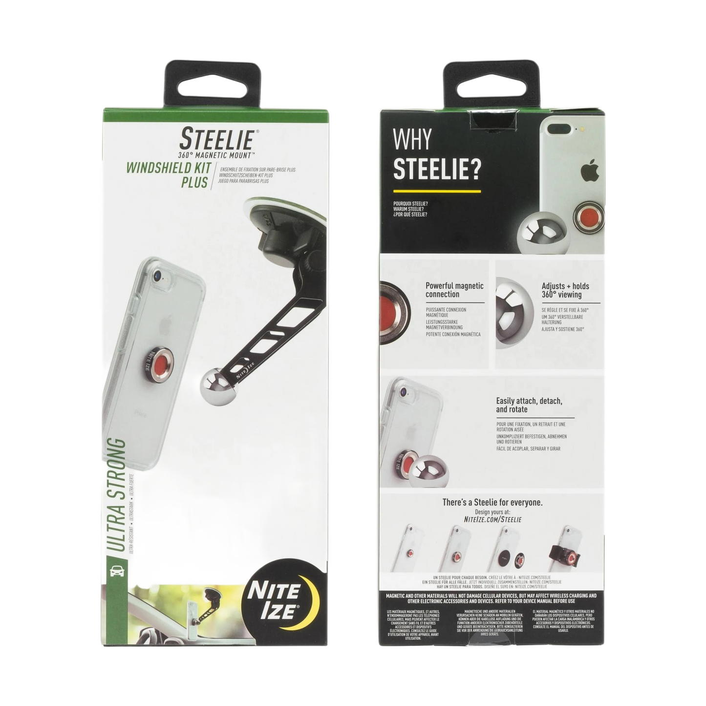 Packaging of Nite Ize Steelie windshield mount kit with magnetic phone holder and adjustable arm for tools and home improvement