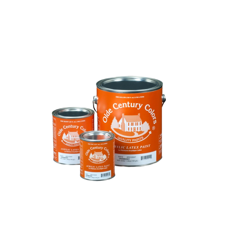 Three sizes of Olde Century Colors acrylic latex paint cans in orange packaging for specialty paint and home improvement collections