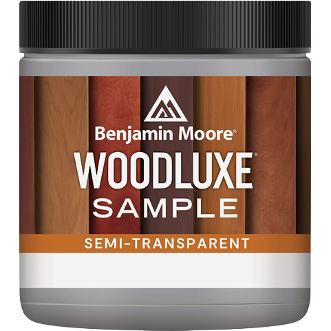 Small container of Benjamin Moore Woodluxe semi-transparent exterior stain sample with wood grain graphic on label