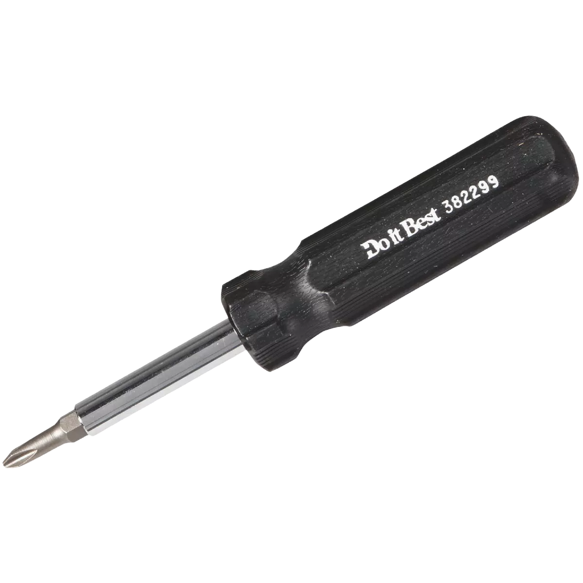 Black oversized handle screwdriver with chrome-plated shaft and interchangeable bits, suited for fastening and woodworking tools collections.
