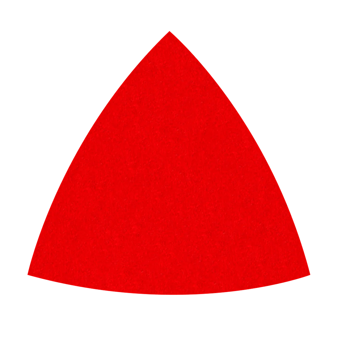 Red triangle sanding sheet with abrasive texture for use in power tool accessories and home improvement projects