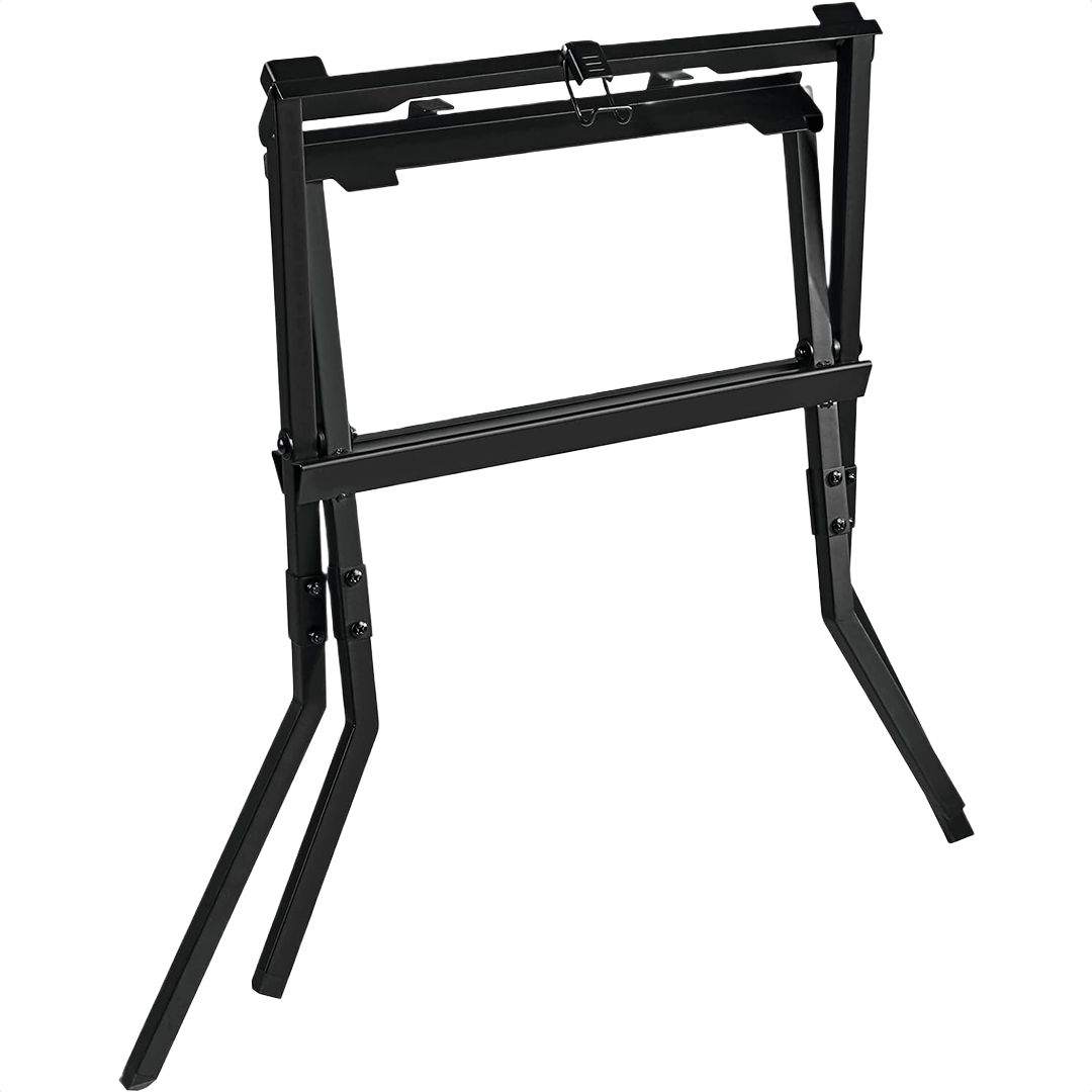 Black folding scissor stand designed for portable table saw support in tool accessories and power tool collections