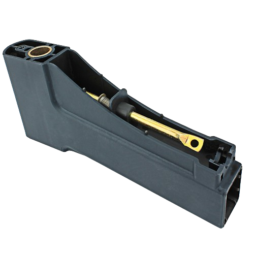 Black plastic wheel axle housing spindle with integrated metal rod and spring for home improvement tools and machinery