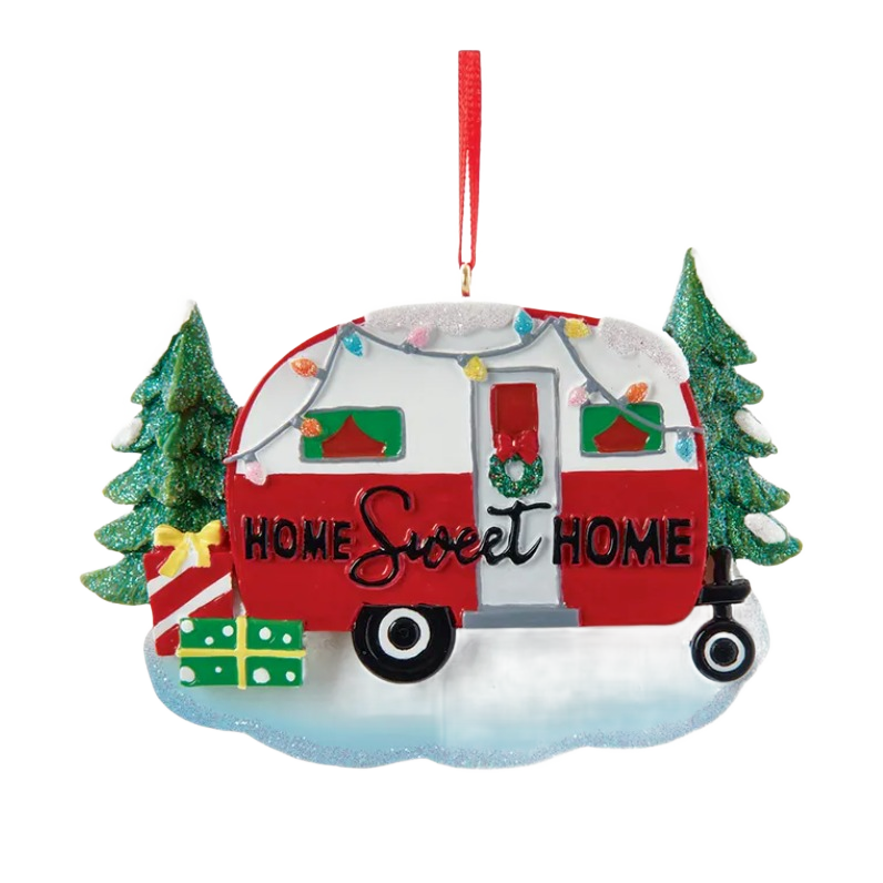 Red and white camper ornament with holiday lights, wreath, and gifts for Christmas tree decorations under $50 collections