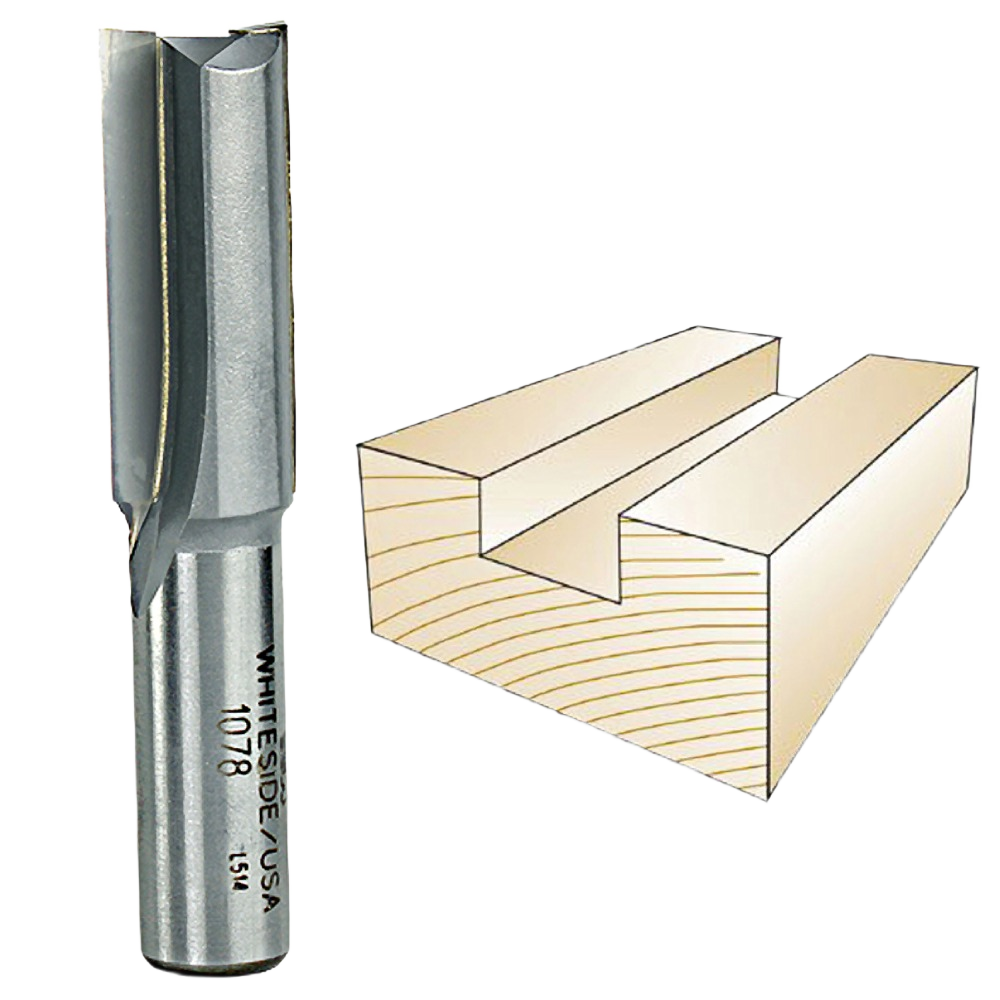 Whiteside brand straight router bit beside a wooden groove sample for woodworking tool accessories collections