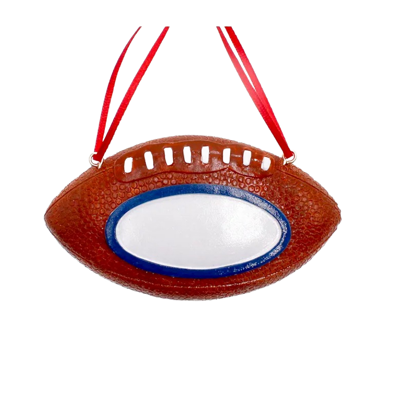 Football-shaped ornament with textured surface and red ribbons featuring a blank white oval for personalization