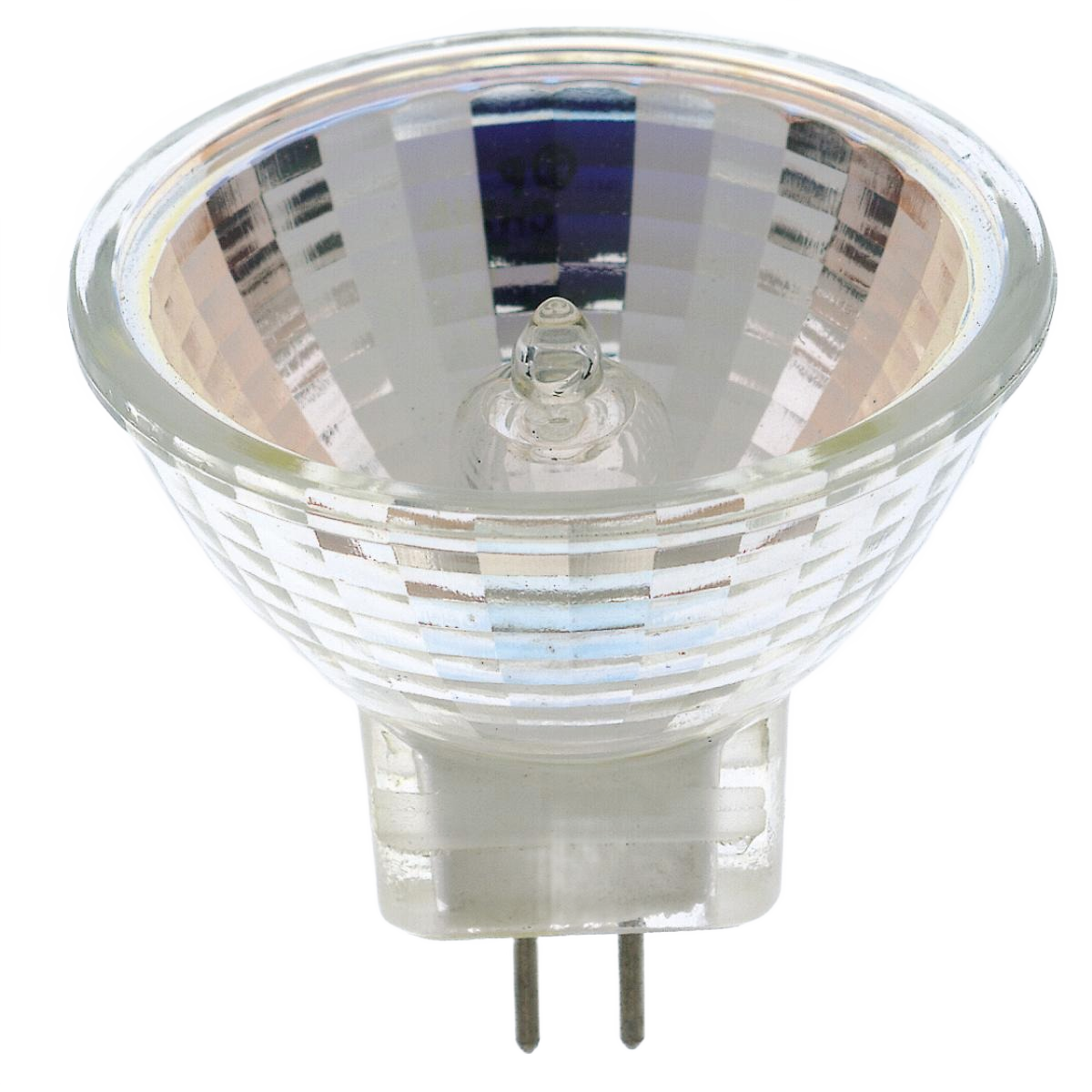 Clear halogen MR11 miniature light bulb with reflective interior and two-pin base for lighting and electrical use