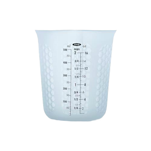 Translucent silicone measuring cup with textured grip and clear measurement markings for kitchenware and gadgets under $50 collection