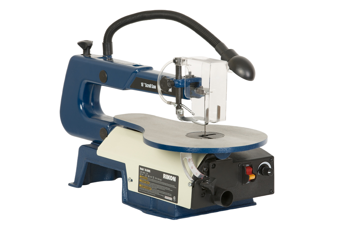 Compact metal scroll saw with flexible work light and clear blade guard for detailed woodworking tasks
