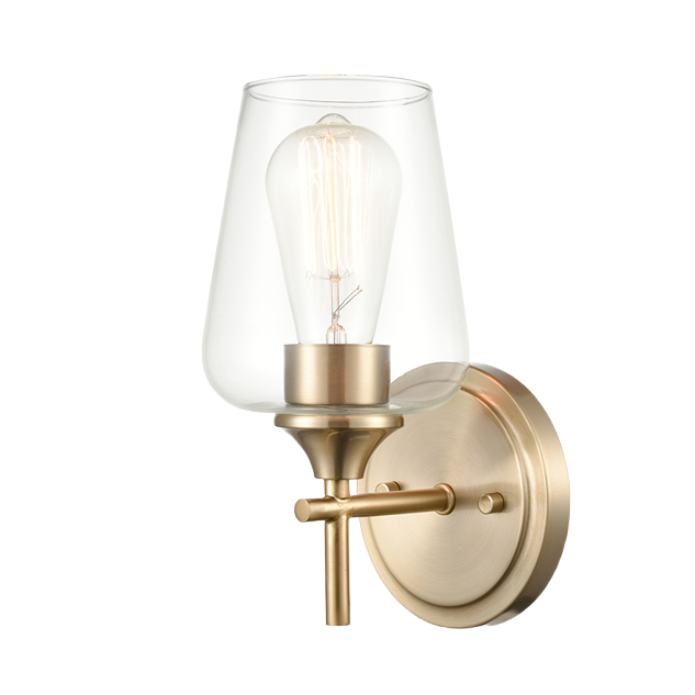 Gold toned single-light wall sconce with clear glass shade for elegant bathroom and vanity lighting under $100.