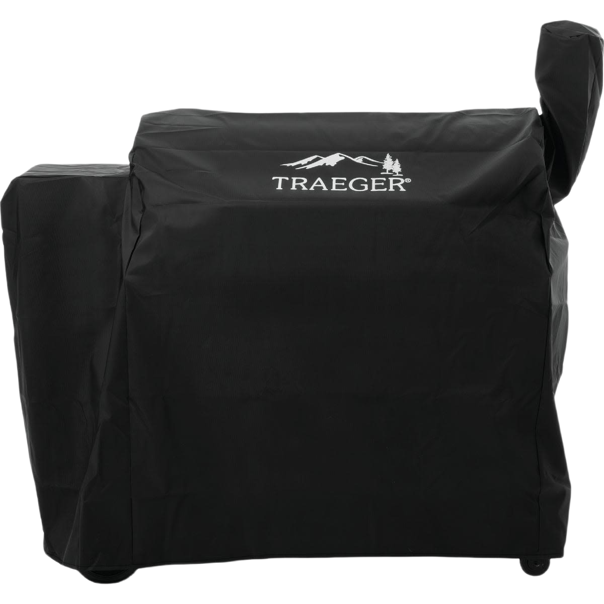 Black polyester full-length grill cover with logo for protecting outdoor grills in Traeger accessories collection