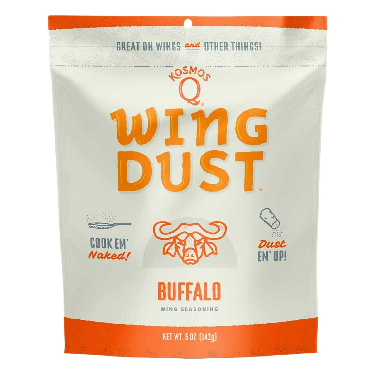 5 oz pouch of Kosmos Q Buffalo wing seasoning called Wing Dust with orange and white packaging