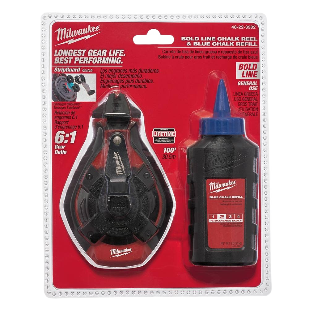Black and red chalk reel with blue chalk refill bottle for woodworking and measuring tools under $50 collection