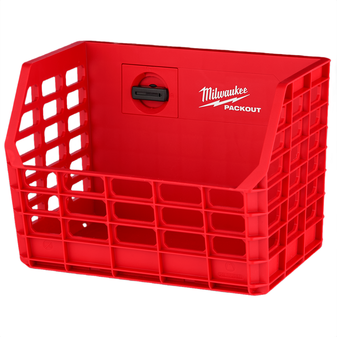 Compact red wall-mounted storage basket with lock mechanism for tool organization in workshop and garage settings