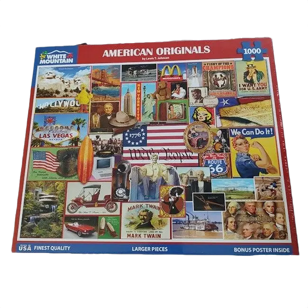 Colorful puzzle box cover featuring iconic American landmarks and historical images in a collage style design