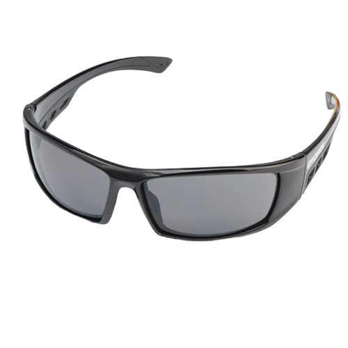 Black wraparound protective glasses with silver mirror lenses designed for tools and home improvement use