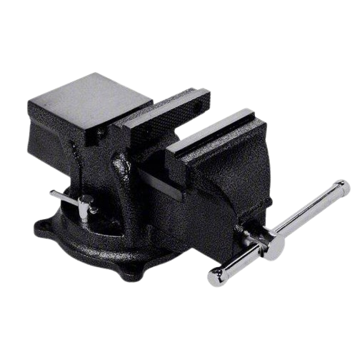 Heavy duty metal bench vise with swivel base and chrome handle for tools and home improvement tasks