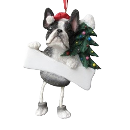 Boston Terrier holiday ornament holding Christmas tree and bone, festive decoration for Christmas tree collections
