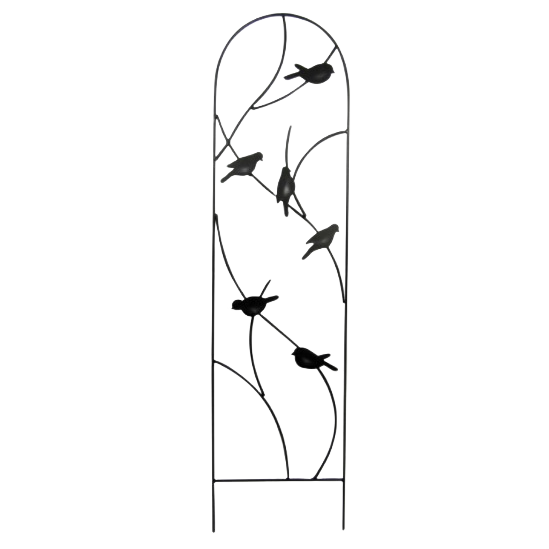 Black metal garden trellis with decorative bird and branch design for outdoor home improvement use