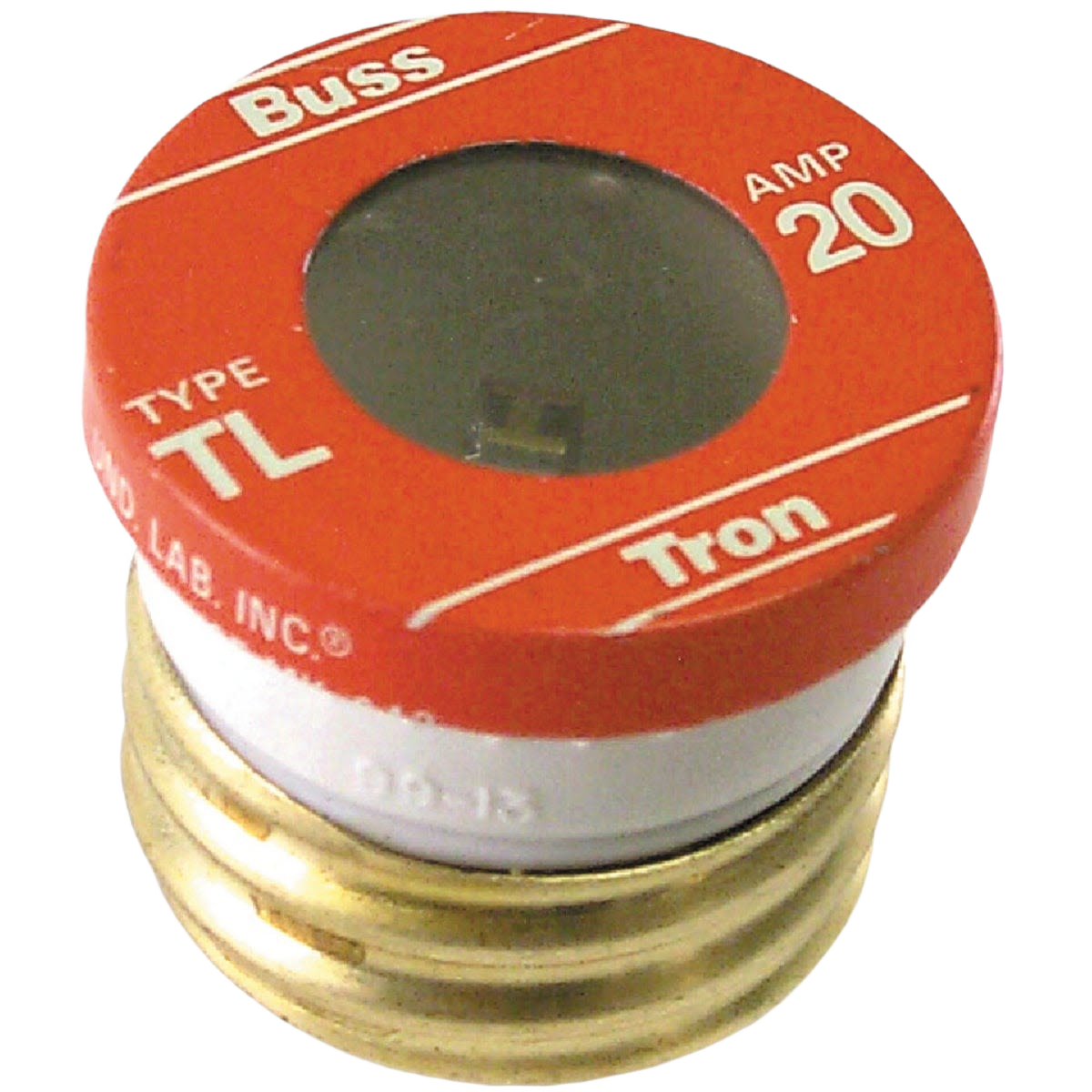 Red and white Bussmann 20 amp TL time delay fuse with brass base for electrical and breaker tool collections under $50