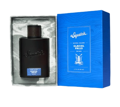 Matte black cologne bottle embossed with branding inside textured silver packaging next to vibrant blue box with white text detailing scent