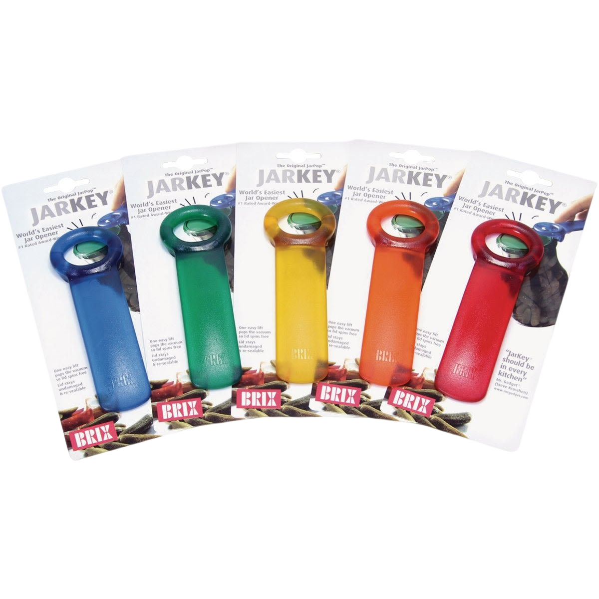 Set of colorful JarKey openers in blue, green, yellow, orange, and red for kitchen gadgets and tools under $25 collections