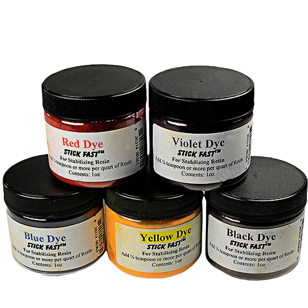 Set of five 1-ounce dye jars in red, violet, blue, yellow, and black for woodworking tool accessories and home improvement projects