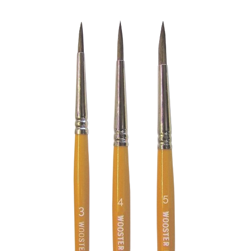 Set of three Wooster artist brushes with camel hair bristles and yellow handles in paint supplies and tools collections