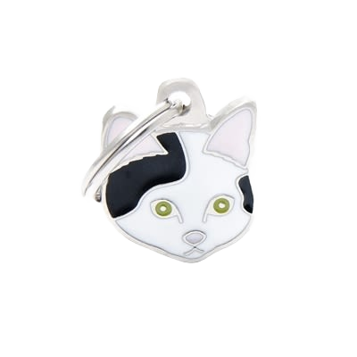 Small white and black European Shorthair cat-shaped ID tag with silver keyring attachment for pets