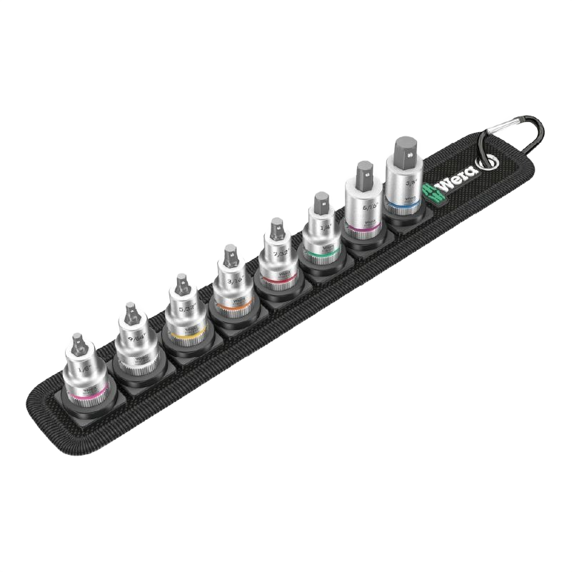 Set of ten SAE hex bit sockets with color-coded bands on black belt rail for woodworking and hand tool projects