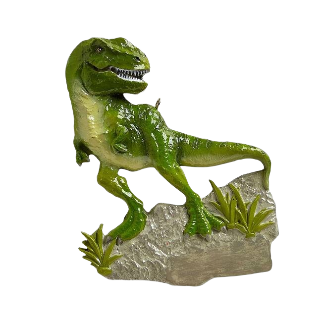 Green T-Rex dinosaur ornament standing on textured base with foliage for Christmas Ornaments & Tree Decorations under $50 collection
