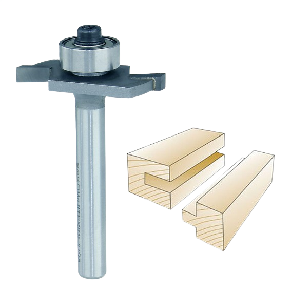 Carbide-tipped slotting and rabbeting router bit with bearing and two-wing design for woodworking tool accessories.