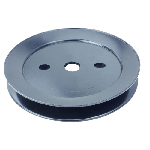 Steel mower deck pulley in dark finish with central mounting hole and two side slots for tractor maintenance tasks